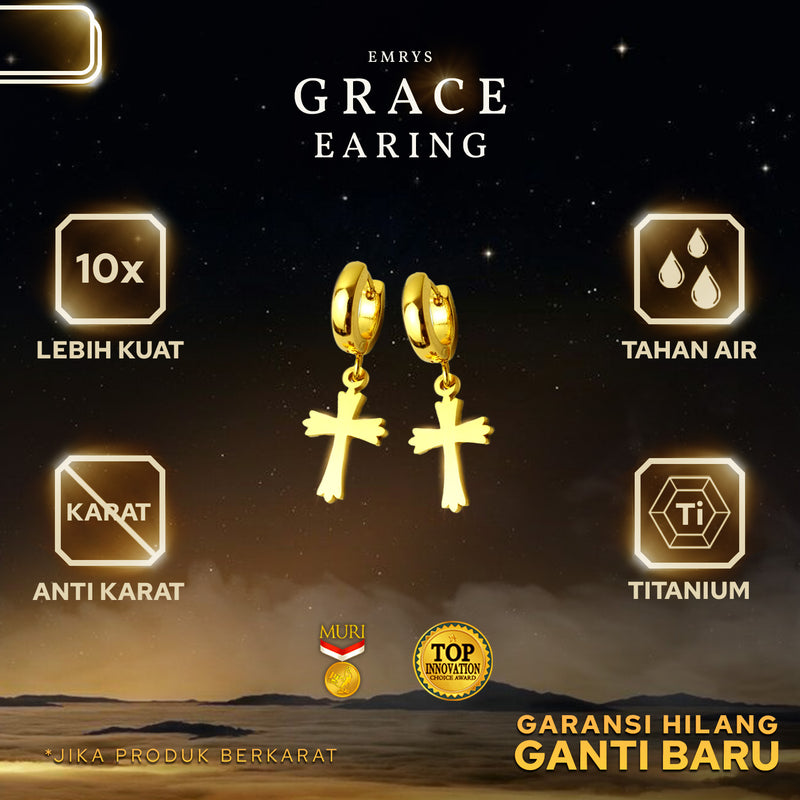 Emrys GRACE Salib  Anting Tindik TITANIUM Anti Karat Pria dan Wanita