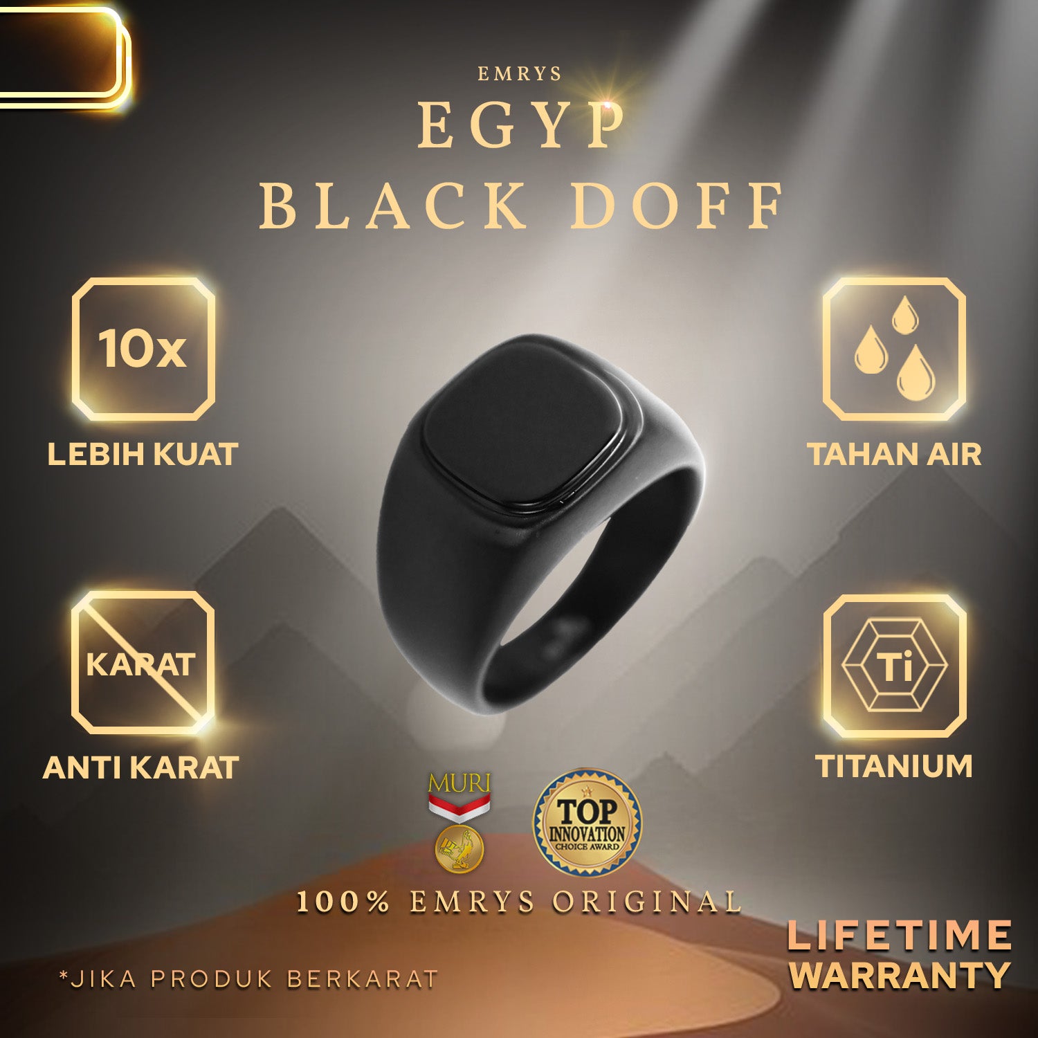 Emrys Premium Ring EGYPT SQUARE BLACK DOFF Real Titanium Anti Karat ...